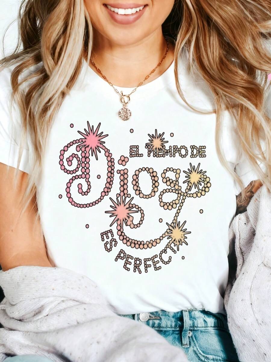 Retro Graphic T-Shirt, 100% Cotton Oversized Soft Breathable Casual Crewneck Short Sleeve Top, Aesthetic Summer Vibes Tee For Women & Art Lovers - 白色 - 查看 1