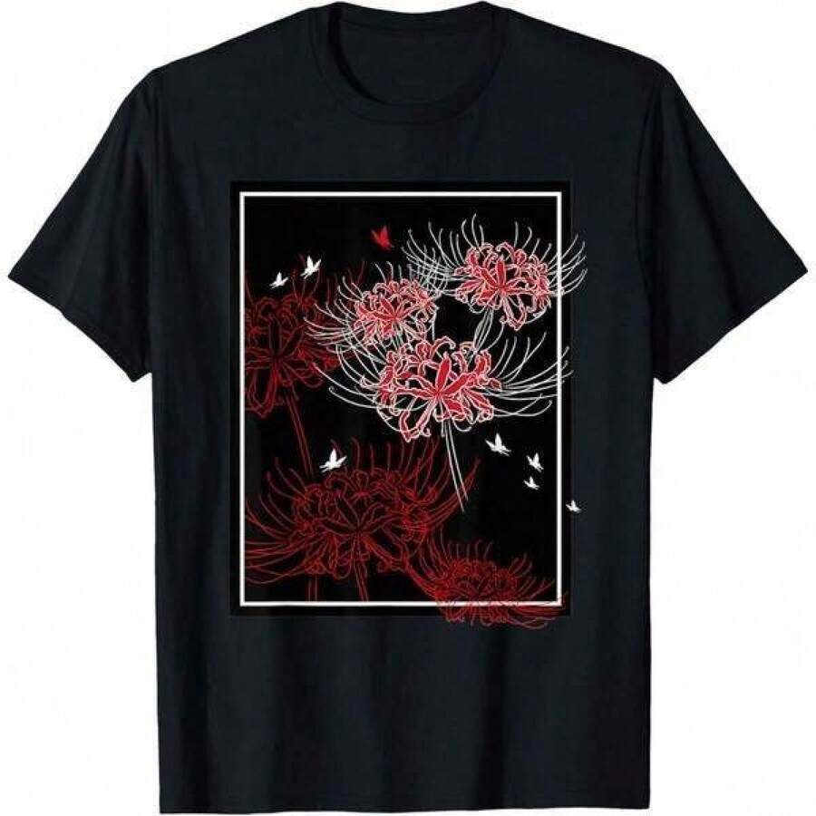 Anime T-Shirt That Can Be Worn By Both Men And Women, Casual Short-Sleeved Crew Neck T-Shirt, Graphic Print, Plus Size Cotton T-Shirts, Cartoon Short-Sleeved Crew Neck T-Shirt, Aesthetic Japanese Anime T-Shirt With Red Lily And Butterfly Design, Y2K Style, Oversized T-Shirt For Men, Summer T-Shirt, Suitable For Outdoor Activities, Breathable And Sweat-Absorbing, Machine Washable, Suitable As A Gift For Anime Fans. - 黑色 - 查看 1