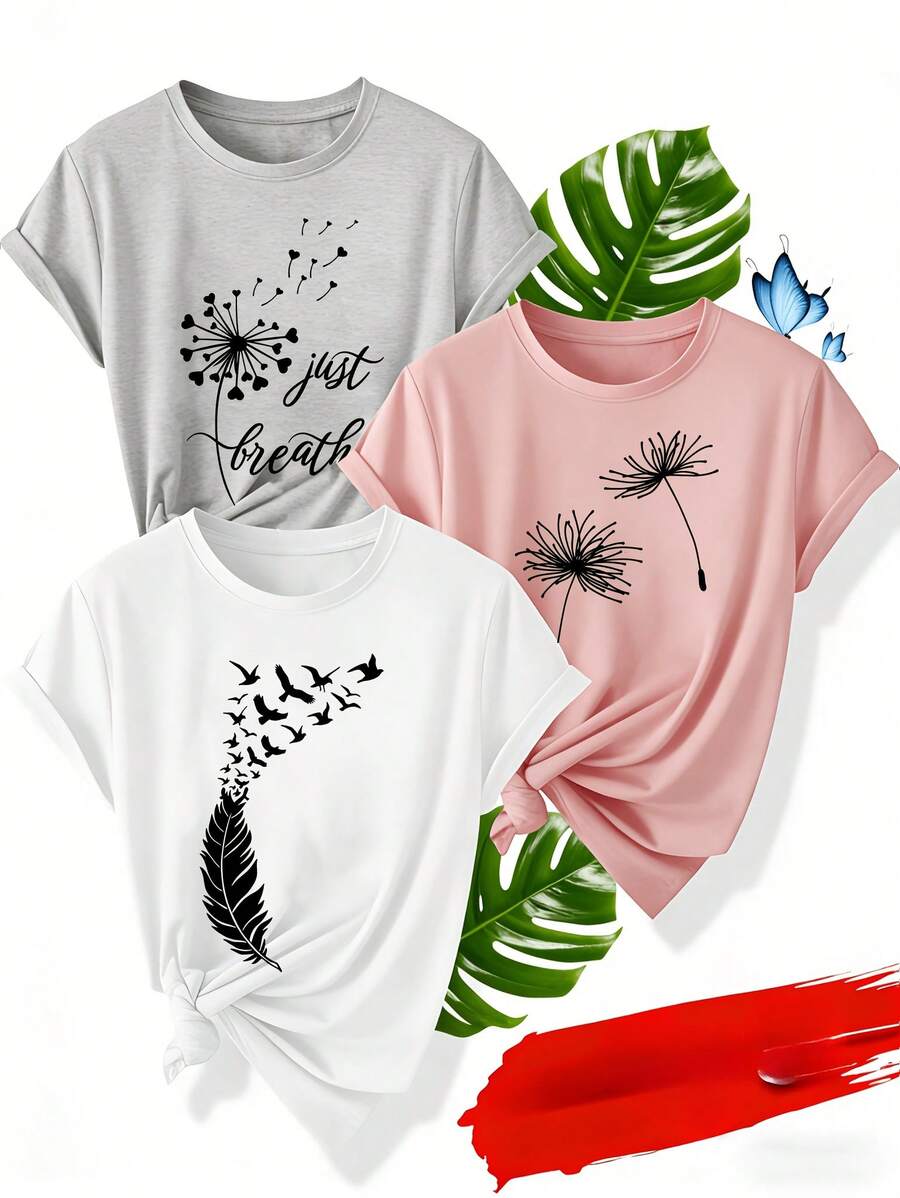 Camisetas de mujer, camisetas de mujer, [1 camiseta natural] 1 camiseta de mujer con estampado de plumas y diente de león | Cuello redondo informal, mangas cortas, tela elástica, opciones multicolor para el verano, vacaciones y uso diario, ideal como regalo para Pascua y el Día de la Madre. - 1 patrón aleatorio blanco - Ver 1