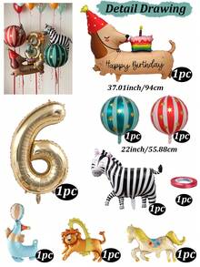 Matte Cake Sausage Dog Zebra Carnival Decor Set, Light Gold Number 0-9 Foil Balloons, Small Circus Lion, Carousel, Sea Lion Foil Balloon, Suitable For Circus Themed Birthday Party, Party Decorations, Holiday Decorations, Circus Event Decor, 1st Birthday Background, Photography Props, Decorative Items - Carnival Dog - View 14