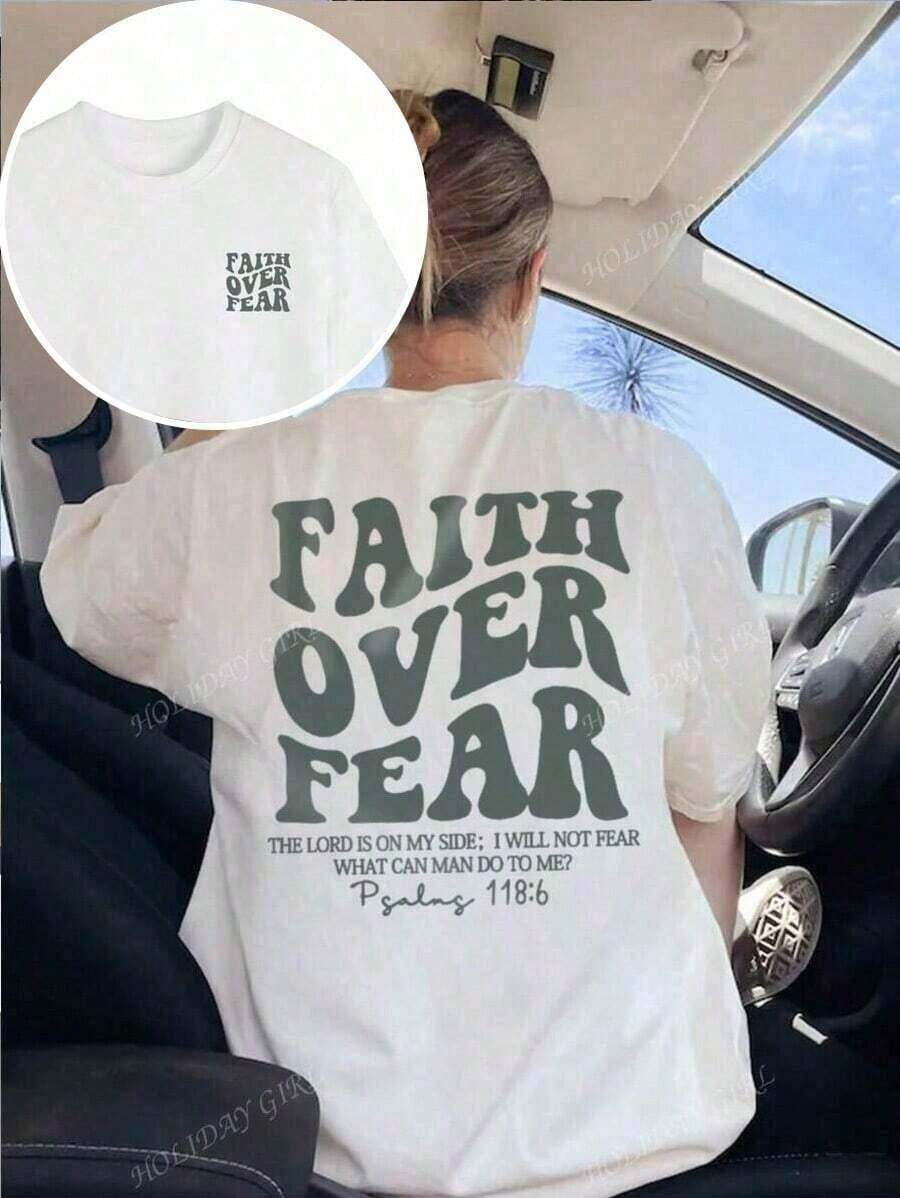 "Faith Over Fear" Double Print T-Shirt - Short-Sleeve Crew Neck Pure Cotton T-Shirt, Holiday Style, A Daily Essential. Holiday Outfits, Simple Retro Street Style Top. Everyday Campus Wear For Men And Women - Comfortable Loose Fit Cotton Vintage Street Style T-Shirt - 白色的 - 查看 1