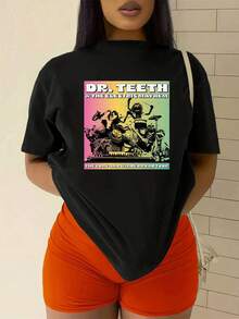 Colorful Graphic Showing A Band Of Cartoon Characters Playing Instruments Symbolizing Joy And Musical Spirit With A Vibrant Gradient Background. Casual And Comfortable Women's T-Shirt For Everyday Wear - 黑色 - 查看 2