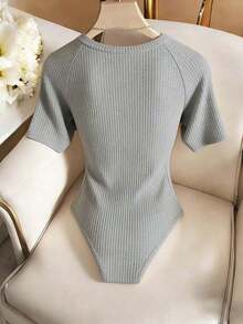 Body elegante y casual para mujer, body de manga corta y cuello redondo para uso diario - Gris - Ver 2