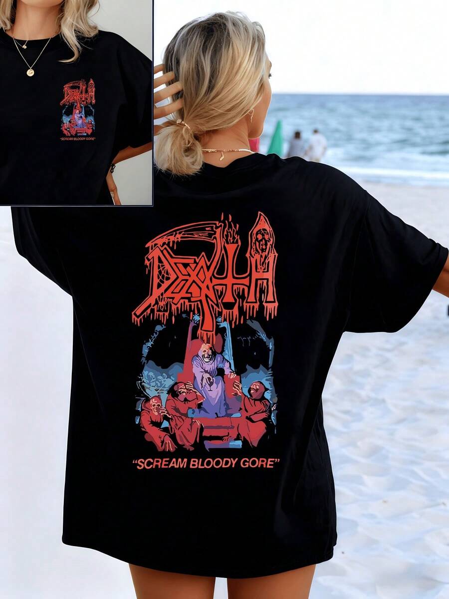 Hooded Skulls Surrounding A Red Altar Symbolize Darkness And Inner Strength, Contrasting With A Mystical Background That Evokes Mystery And Powerful Energy. Women's T-Shirt With Double-Sided Print, Front And Back, Casual And Modern Style. - 黑色 - 查看 1