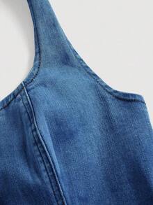 Top en mezclilla con botón delantero de cuello halter - Azul lavado medio - Ver 4