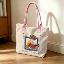 Miniso Disney Toy Story Woody Let's Ride, Cowboy! Canvas Tote Bag, Beige Western Print Shoulder Bag For Daily Use - White - View 2
