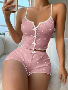 pijama / Pijama con estampado de corazón, ribete contrastante y lazo delantero - Rosa - Ver 7