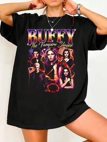 Buffy The Vampire Slayer Shirt, BT.V's Graphic T-Shirt, Buffy Summers T-Shirt, Angel And Spike Shirt. Vintage Graphic Print Casual Black Cotton Short-Sleeve T-Shirt. - 黑色 - 查看 6