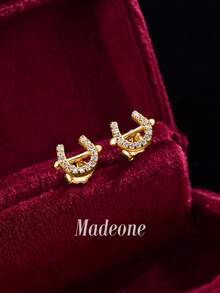 MADEONE 1 Đôi bông tai hình móng ngựa chữ U, bạc sterling 925 đính đá Zirconia, trang sức tinh tế, món quà thanh lịch dành cho bé gái - Vàng - Xem 2