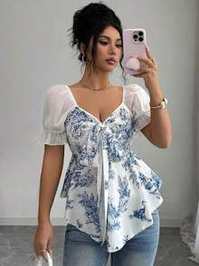 elegante de mujer con estampado texturizado, cuello con lazo, manga de volantes de malla transparente.Versátil para verano, viajes, uso diario, oficina, fiestas campestres, festivales de música - Azul - Ver 4