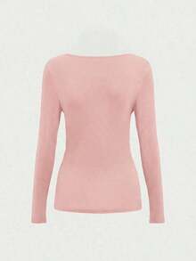 Elegante camiseta básica minimalista vintage casual de uso diario, reversible, de punto con cuello redondo y manga larga para mujer, color negro, para primavera - Rosa - Ver 5