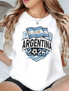 Argentine Flag Waving With A Soccer Ball And The Number 2026 Symbolizing Sporting Passion And National Pride, Ideal For Female Soccer Fans, Comfortable And Modern Casual Women's T-Shirt - 白色 - 查看 1