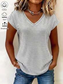 Blusa de rayas de verano casual para vacaciones, de manga corta y cuello en V, minimalista y versátil para uso diario y viajes, estilo coreano suave y apropiada para la oficina - Blanco y Negro - Ver 1