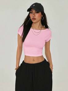 Camiseta negra con espalda abierta, adecuada para talla pequeña, para verano - Rosa Pálido - Ver 4