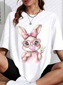 1 Piece Of T-Shirt With Adorable Bunny Print, Black And Pink Bow Design And Glasses, For Casual And Everyday Style, 180g, 100% Cotton. - 白色 - 查看 12