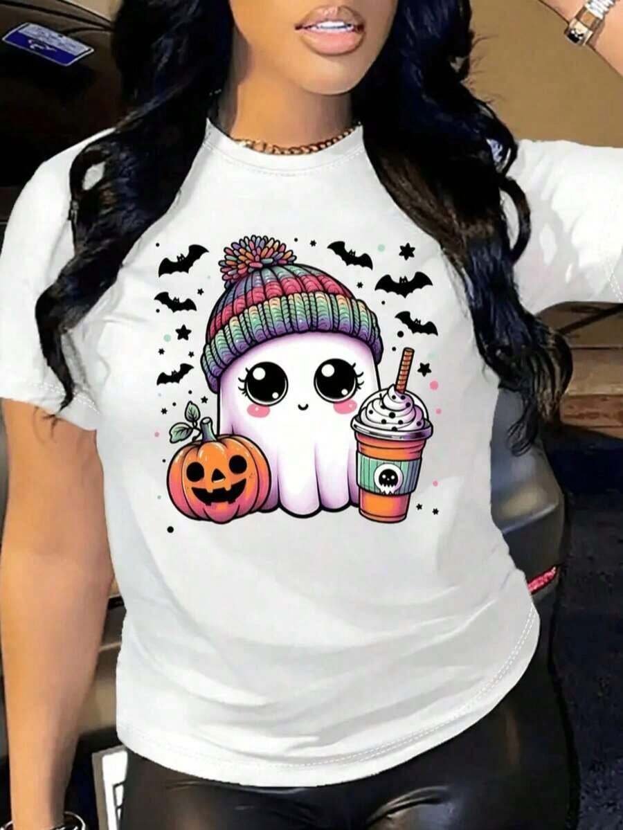 Halloween, Day Of The Dead Women's Plus Size Graphic T-Shirt - Pumpkin And Bat Print, Loose Fit With Short Sleeves And Crew Neck, Breathable Sweat-Wicking Fabric, Unisex Gift For Spring, Summer And Year-Round Wear - 白色花朵 - 查看 1