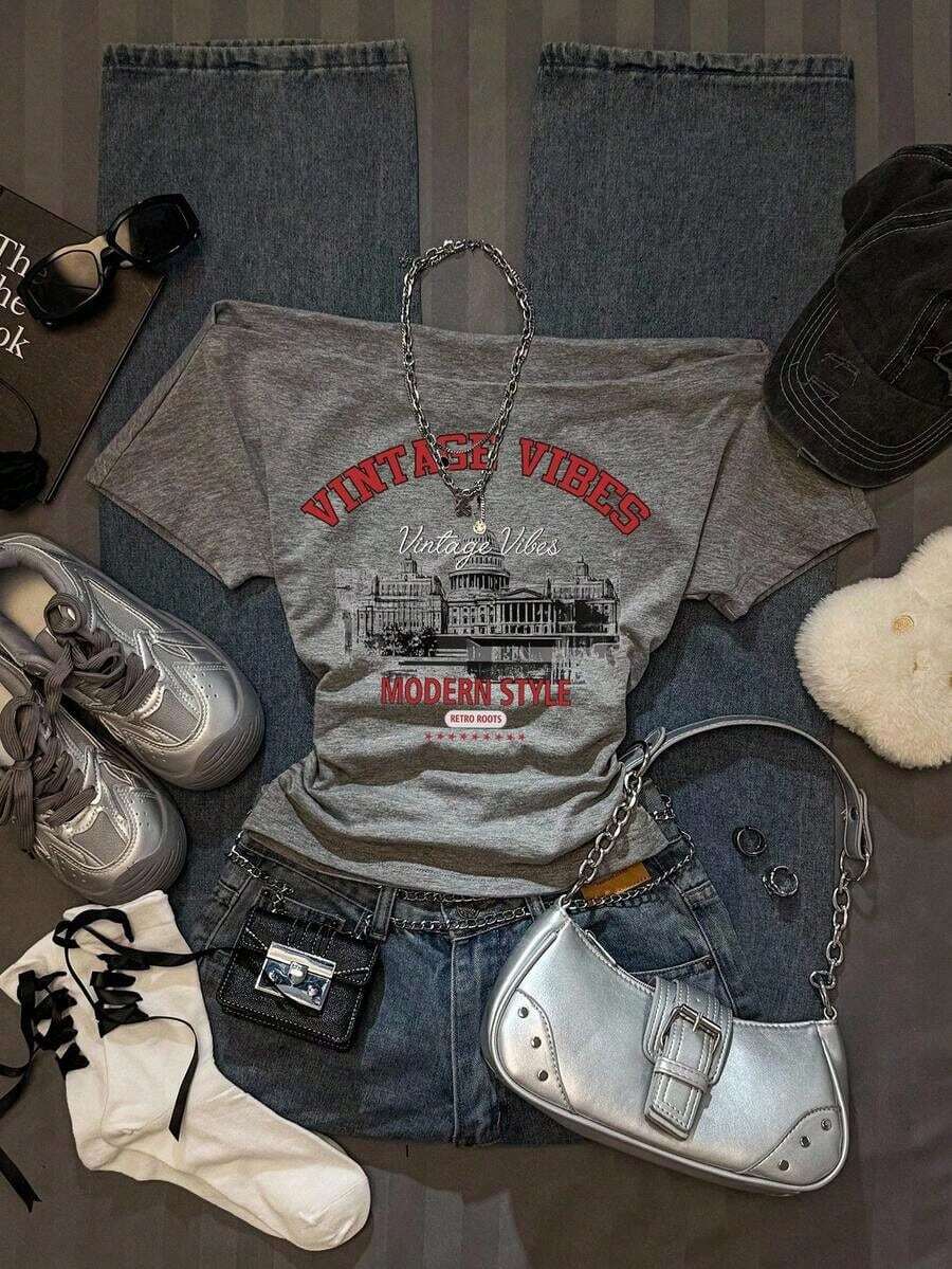 Camiseta corta de manga corta ajustada con hombros descubiertos, estampado retro de coche inglés y pliegues en la cintura, en color rosa, adecuada para el verano, el estilo callejero y el aeropuerto - Gris Claro 3 - Ver 1