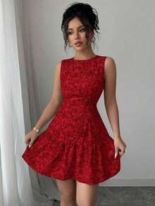 Vestido mini elegante de estilo bohemio con estampado floral, sin mangas y cintura ceñida para mujeres, conjunto de verano con acabado tejido al estilo francés para graduaciones, primavera/verano - Rojo 2 - Ver 5