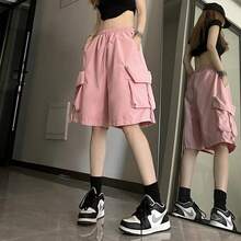 Pantalones cortos Cargo Y2K para mujer, pantalones cortos Harajuku negros de pierna ancha de gran tamaño, ropa de calle de verano, pantalones cortos holgados de cintura alta a la moda, novedad de 2025 - Negro - Ver 4