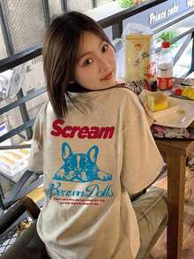 Women's Summer T-Shirt, American Vintage Style, Cream Color, With French Bulldog Print, Loose Fit, Versatile, Short Sleeve, Casual, White - 淺灰色 - 查看 2