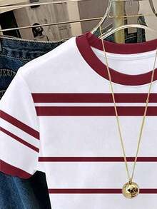Camiseta de mujer de manga corta con cuello redondo, estampado de rayas y lazo, de estilo casual para verano - Blanco 4 - Ver 4