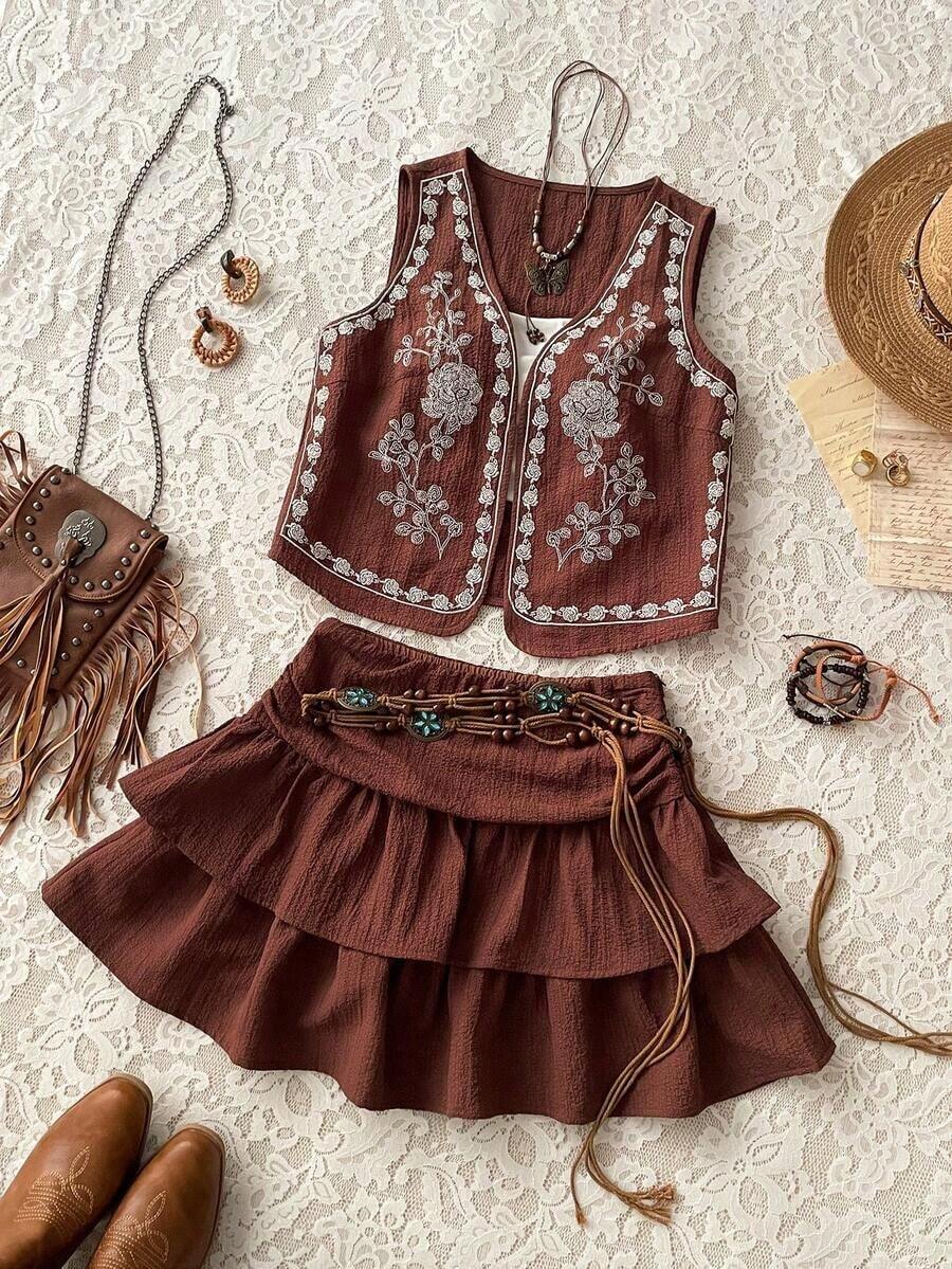 mini casual con volantes de doble capa y estampado de leopardo vintage para mujer, ideal para otoño, disfraz de leopardo, disfraces de Halloween, Acción de Gracias, Homecoming, Navidad, estilo hippie, princesa, fiesta sexy - Marrón - Ver 1