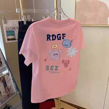Camiseta con estampado de camisa casual para mujer, manga corta y cuello redondo, moda urbana local de primavera/verano. SJ5P - rosa - Ver 1