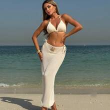Novedad Conjunto de bikini liso - Set de 3 piezas con diseño de estrellas de mar y maxifalda de malla transparente. - amarillo brillante - Ver 6