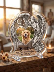1pc Customizable Acrylic Angel Wings Pet Memorial Plaque, With Angel And Moon Pattern, Customizable Photo And Text, Designed For Vertical Display, A Warm Condolence Gift For Pet Lovers - Model 3 - View 4