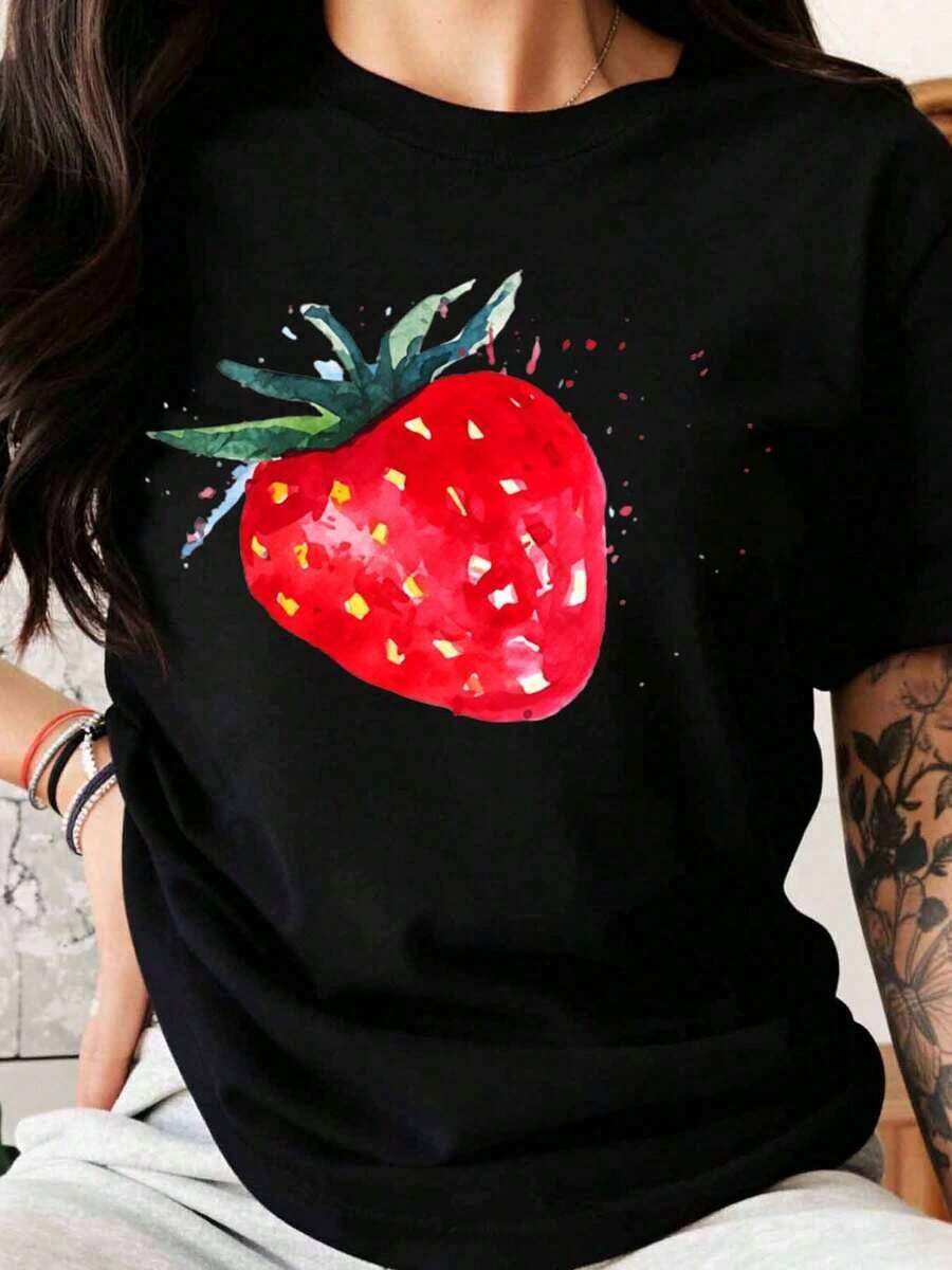 Women's Black T-Shirt With Strawberry Print, Casual Summer Top, Fruit Graphic Tee, Fashion Shirt For Everyday Wear - 黑色 - 查看 1