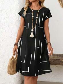 Women's Casual Summer Dress With All-Over Print, Round Neck, And Batwing Sleeves. Summer Dresses For Women, Shirt Dresses For Women - 黑色 - 查看 4
