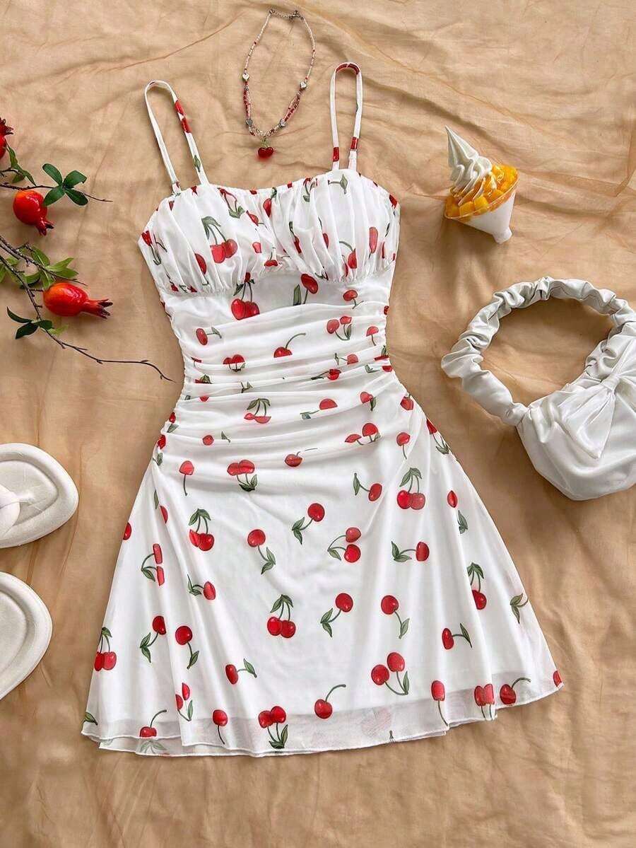 Vestido de tirantes de malla con estampado floral azul y blanco para vacaciones de verano de mujer - Rojo y blanco - Ver 1