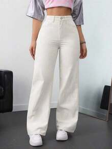 Jeans de mezclilla de unicolor minimalista para uso diario de mujer - Albaricoque - Ver 5
