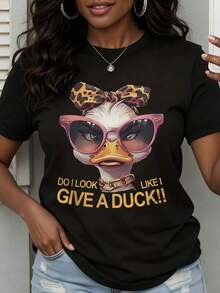 Women's Summer T-Shirt With Round Neck, Duck Print With Leopard Bow And Sunglasses, Casual Style For Everyday Wear - Urban Vintage Style, Unisex, Cotton, Short Sleeve, Round Neck - 黑色 - 查看 1