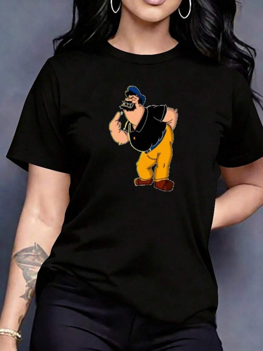 Women's Round Neck T-Shirt With Leopard Print And Cartoon Character, New Plus Size Round Neck T-Shirt, Y2K Casual Style For Women's Summer And Spring Clothing, Ideal For Playing And Daily Wear, Comfortable Fit, Soft And Breathable Garment, Versatile Round Neck. - 黑色 - 查看 1