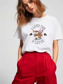 Amor por el Café, Lleno de Cariño, Camiseta de Manga Corta para Mujer con Estampado "Love You A Latte", Cuello Redondo, Primavera/Verano WUPW - Blanco - Ver 6
