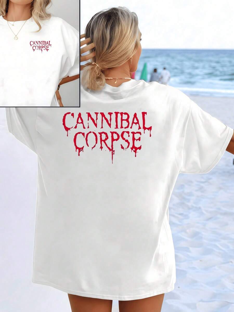 Red Text With A Dripping Letter Effect Symbolizes Strength, Rebellion, And A Defiant Attitude For Those Who Enjoy An Alternative And Daring Style. Women's Double-Sided Casual T-Shirt, Comfortable For Everyday Wear. - 白色 - 查看 1