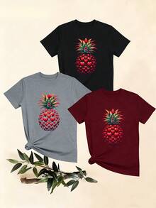Women's T-Shirts, Women's T-Shirts, Casual One-Piece T-Shirt With Creative Strawberry And Pineapple Design, Comfortable Short-Sleeve Round Neck Top, Versatile For Summer. - 1件黑色隨機圖案 - 查看 1