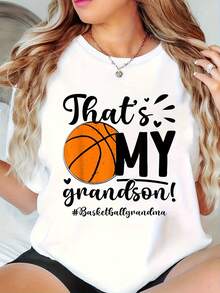 Plus Size, Basketball Jersey For Grandma Plus Sizes - "That's My Grandson" Graphic Design With #1 Grandson And Basketball - Crew Neck Short Sleeve Casual Top Ideal Gift For Basketball Fan Grandma - Blouse In White/Orange Or Print Comfortable For All Seasons Perfect For Sports Games Family Events Machine Washable Plus Size Friendly Fun Matching Set For Grandmas And Grandchildren - 白色 - 查看 1