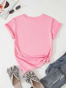 Camiseta de manga corta casual de verano de primavera con estampa de pesca de gato para mujeres con cuello redondo suelto - Color rosa - Ver 4