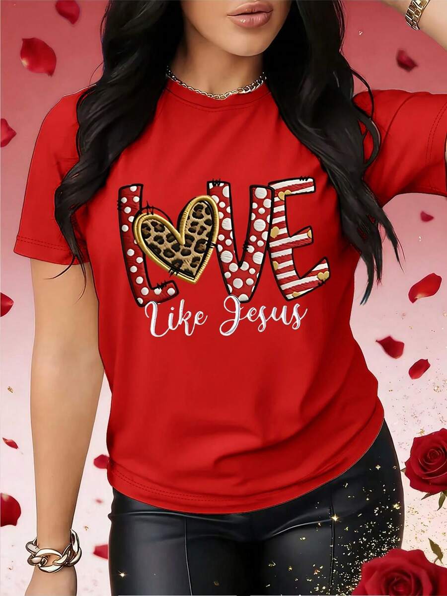 Women's Short Sleeve T-Shirt, Monogram Print For Valentine's Day, Elegant And Minimalist Elements, Breathable, Lightweight And Comfortable - Casual Crew Neck Top - 紅色 - 查看 1