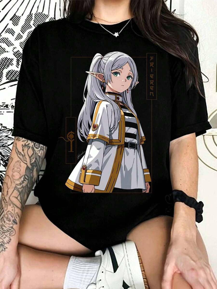 Frieren Beyond Journey's End Elf Mage Graphic T-Shirt, Anime Fan T-Shirt - Black - View 1
