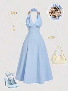 Vestido midi elegante sin mangas con decoración floral 3D de metal y plisados para mujer - Celeste - Ver 3