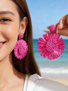 imoli 1 Pair Bohemian Style Handmade Raffia Flower Stud Earrings, Fashionable Jewelry Gift Suitable For Beach Vacation - Multicolor - View 6