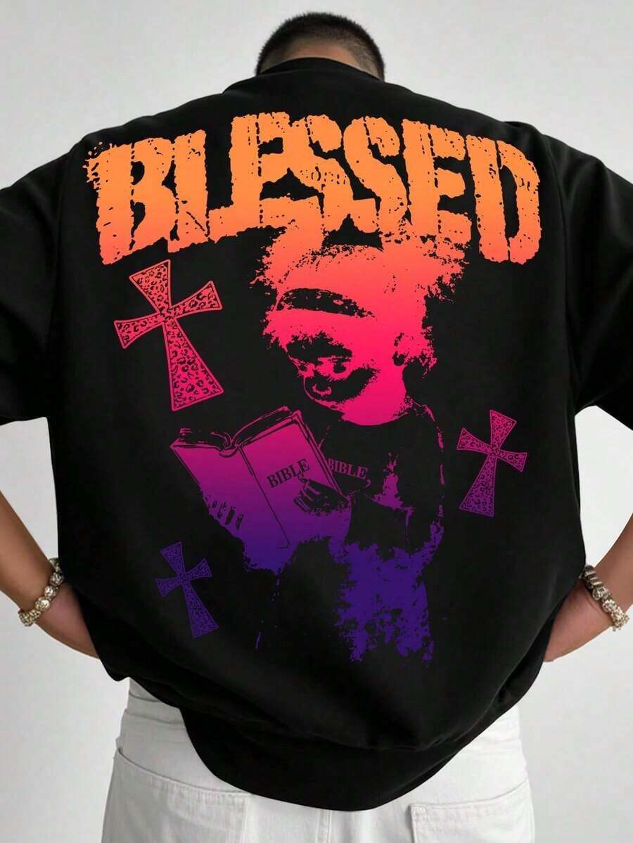 Manfinity Men's Casual T-Shirt With Cross And Letter Print, For Summer - Negro 2 - View 1