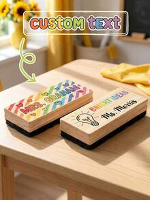 1pc Customized Teacher Whiteboard Eraser, Personalized Name Wooden Blackboard Cleaner, Custom Text Classroom Dry Erase Board, 2 Styles Rainbow Stripes With Heart/Creative Light Bulb Design, Natural Wooden Material, Soft Felt Surface, Lightweight And Durable, Easy To Grip - Model 3 - View 2