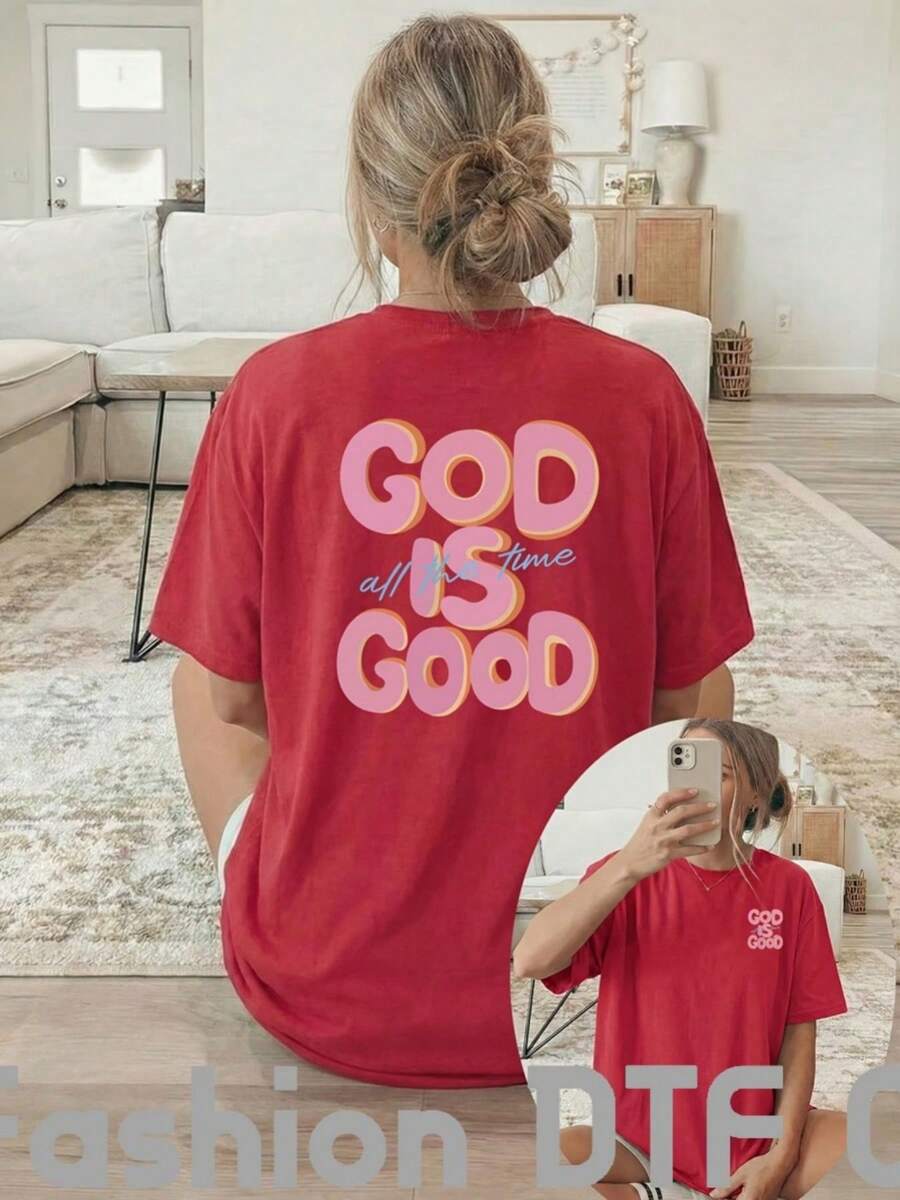 Camiseta de mujer de algodón puro, moderna y elegante, con estampado "GOD IS GOOD", estilo hip-hop urbano, ropa casual americana para el día a día, transpirable, adecuada para deportes al aire libre, ideal para regalo. - Rojo - Ver 1