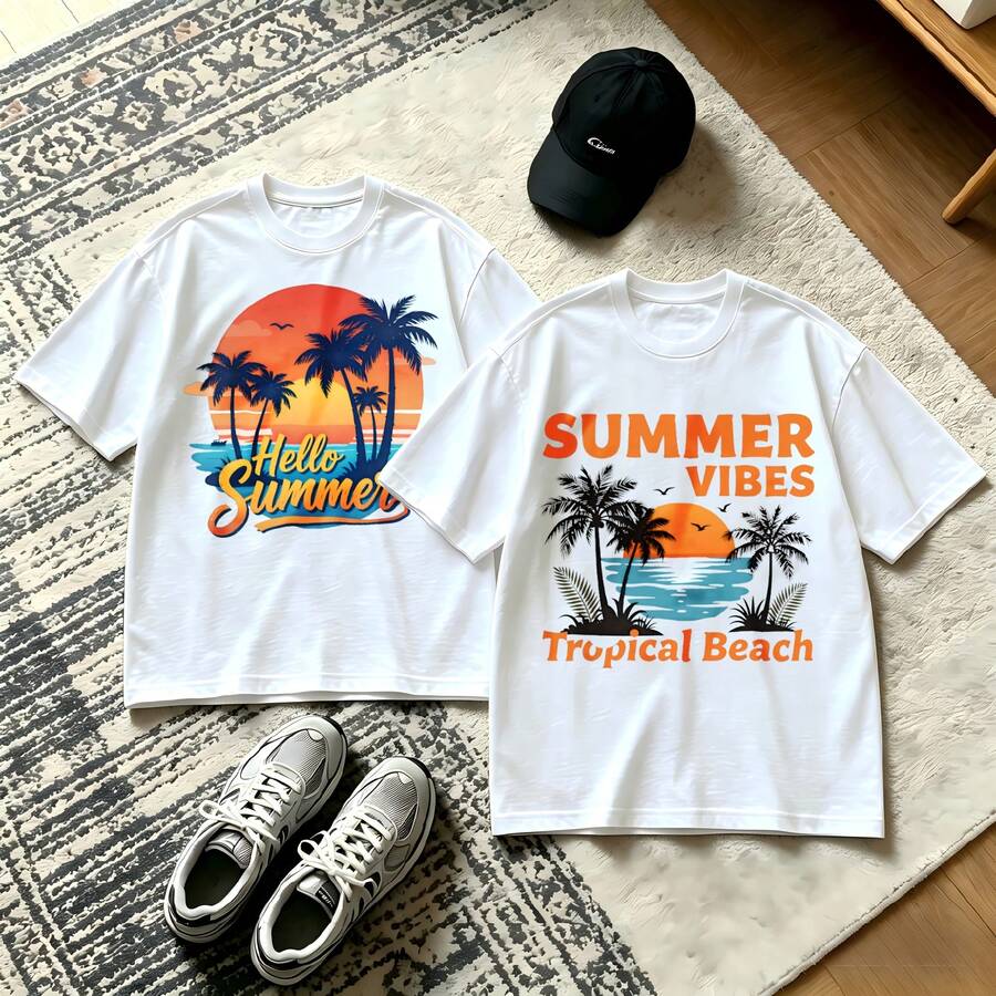 2-Piece Couple Matching Pattern T-Shirt, 100% Cotton, Loose Fit, Soft And Breathable, Casual Round Neck Short Sleeved Top Panda Art Design Urban Street Scene Versatile Patterns No Picky Combinations Coordinated Dating Casual Travel Simple And Cartoonish Printing Styles High Cost-Effectiveness - 白色 - 查看 1