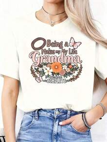 ComfortableCamiseta Casual Popular para Mujer : "Ser Abuela Hace Mi Vida Completa" con Estampado Floral y Mariposas. Camiseta para Mujer, Regalo para Abuela, Camiseta para el Día de la Madre - Blanco - Ver 7