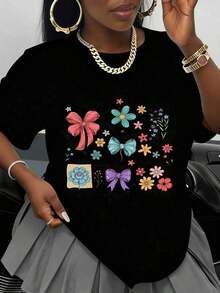 KoreanGraphicCamiseta De Mujer Con Diseño De Versículo Bíblico Floral Ella Es Mamá Un Hermoso Regalo Elegido, Fuerte Y Capaz Para La Madre En Primavera Y Verano Summer Essentials,Summer Outfits For Women,Graphic TeesSummer Top - Negro - Ver 1